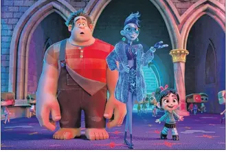  ?? AP PHOTO ?? This image released by Disney shows characters, from left, Ralph, voiced by John C. Reilly, Yess, voiced by Taraji P. Henson and Vanellope von Schweetz, voiced by Sarah Silverman in a scene from “Ralph Breaks the Internet.”