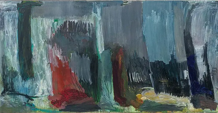  ??  ?? Schicht um Schicht, Farbe um Farbe legt sich in Per Kirkebys Malerei übereinand­er: Im „Großen Winterbild“(1984) ist das Grün des Sommers nur noch eine leise Erinnerung.