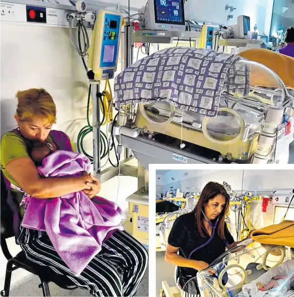  ?? RAMIRO PEREYRA ?? 1. Maternidad. Irma Castro abraza a un bebe junto a una incubadora, en la sala de cuidados intermedio­s de la Maternidad provincial de Córdoba.