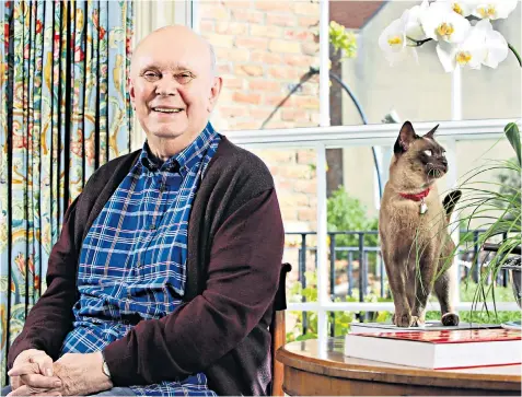  ??  ?? Raconteur: Ayckbourn at home in Scarboroug­h, with his cat Scampston; below, Diana Morrison and Steven Pacey in By
Jeeves in 1996