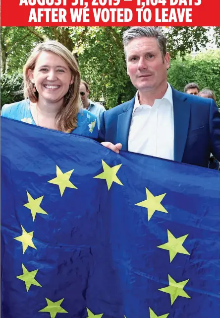  ??  ?? FLYING THE FLAG: Starmer with Georgia Gould, head of Camden Council, at a 2019 anti-Brexit rally in London