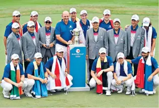  ??  ?? Prep event: Thomas Bjorn and his Europe team after their Eurasia Cup win last year