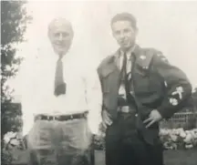  ??  ?? Ralph Herder, left, with son Robert in 1944. Ralph lost two brothers at Beaumont-Hamel and was shot in the ankle.