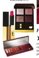  ??  ?? Eye Color Quad en tono Virgin Orchid de Tom Ford (70 €). En El Corte Inglés (Serrano, Madrid). Rouge Pur Couture The Slim en tono Rose Absurde de Yves Saint Laurent (36 €). Naked Cherry Eyeshadow Palette de Urban Decay (52 €).