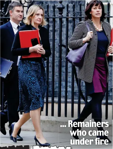  ??  ?? Heated talks: David Gauke, Amber Rudd and Claire Perry leave No 10 after being criticised for writing Mail articles