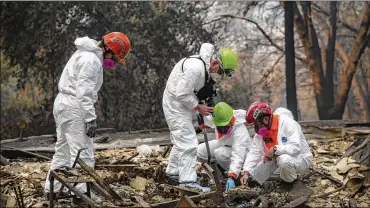  ?? ERIC THAYER PHOTOS / THE NEW YORK TIMES ?? Search and rescue teams look for the remains of wildfire victims Saturday in Paradise, Calif.. The death toll climbed steadily as a team of more than 500 specialist­s search for human remains.