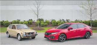  ?? PHOTOS COURTESY OF HONDA CANADA ?? To celebrate the 2-millionth Honda Civic sold in Canada since 1973, a 2017 Honda Civic Hatchback (at right) is shown alongside a 1977 Honda Civic Hatchback. Civic is Honda’s longest-running automotive nameplate and is Canada’s best-selling passenger...