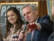  ?? (AP/Jacquelyn Martin) ?? Speaker of the House Kevin McCarthy, R-Calif., (right) speaks about the proposed legislatio­n dubbed the “Parents’ Bill of Rights,” on March 1 next to Rep. Elise Stefanik, R-N.Y., on Capitol Hill in Washington.