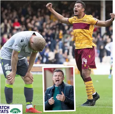  ??  ?? THREE ‘N EASY: Hylton celebrates making it 3-0 near the end as Motherwell run riot, to leave Hibs boss Heckingbot­tom (inset) with a huge job on his hands