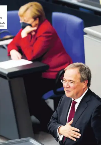  ?? FOTO ANSA/LAPRESSE ?? Senza temi né carisma
Armin Laschet e Angela Merkel. A destra, Annalena Baerbock
In basso, il dibattito Tv