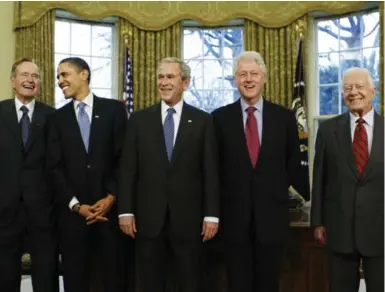  ?? J. SCOTT APPLEWHITE/THE ASSOCIATED PRESS FILE PHOTO ?? The Presidents’ Club, including, from left, George H.W. Bush, Barack Obama, George W. Bush, Bill Clinton and Jimmy Carter.