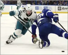  ?? CHRIS O’MEARA — THE ASSOCIATED PRESS ?? Sharks center Michael Eyssimont (21) takes down Lightning defenseman Victor Hedman (77) during Tuesday’s game in Tampa, Fla.