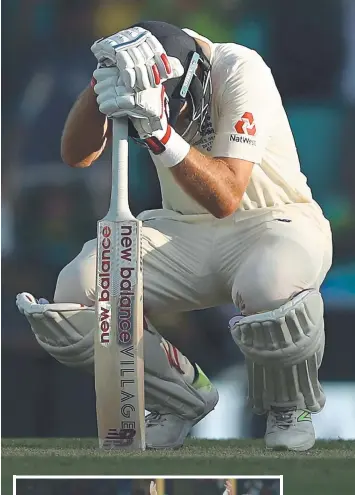  ?? Pictures: GETTY IMAGES ?? GOTTA GO, JOE: England captain Joe Root hangs his head after falling for 83 just before stumps, as the Aussies, inset, celebrate his demise.