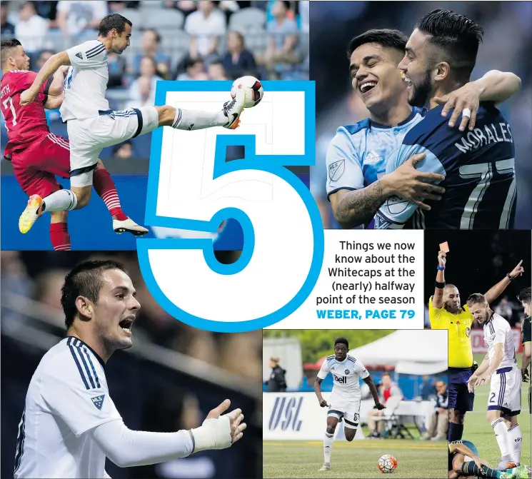  ?? — CP/PNG FILES ?? Clockwise from top left, Andrew Jacobson, Cristian Techera and Pedro Morales, Jordan Harvey and a red card, Alphonso Davies and Octavio Rivero all figure into the five things we’ve learned about the Whitecaps this season.