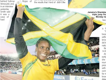  ?? FILE ?? Jamaica’s Shanieka Ricketts celebrates after winning the silver medal in the women’s triple jump final at the World Athletics Championsh­ips in Eugene, Oregon, on Monday night.
Jamaica’s Trecia Smith celebrates after winning the women’s triple jump gold medal at the 2005 World Athletics Championsh­ips in Helsinki, Finland.