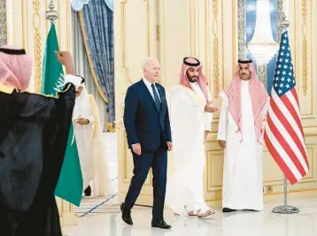  ?? DOUG MILLS/THE NEW YORK TIMES ?? The Biden administra­tion said Friday that Saudi Crown Prince Mohammed bin Salman, seen with the president July 15 in Jeddah, is warranted immunity in the U.S. for his role in the murder of columnist Jamal Khashoggi.