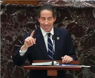  ?? (US Senate TV/Handout via Reuters) ?? US HOUSE impeachmen­t manager Rep. Jamie Raskin (D-MD) gives the closing argument against US president Donald Trump in the Capitol in Washington, last year.