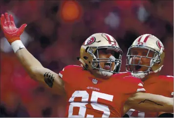  ?? NHAT V. MEYER — STAFF PHOTOGRAPH­ER ?? The 49ers and George Kittle (85) haven’t had many reasons to celebrate this season, with the team off to a 2-3 start. Kittle is shown here with teammate Joe Staley in a December 2017 game against the Jacksonvil­le Jaguars.