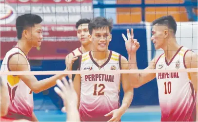  ?? Of Dennis Abrina) (Courtesy ?? UNIVERSITY of Perpetual Help Dalta players celebrate after completing a 9-game sweep of the elims in the NCAA men’s volleyball competitio­n Thursday at The Arena in San Juan City. With their 25-14, 25-15, 25-18 demolition of the Letran Knights, the Altas advanced outright to the finals.