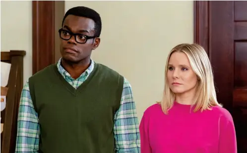  ??  ?? Exception to the Rule NBC’S “The Good Place,” with William Jackson Harper and Kristen Bell, earned five Emmy noms this year including one for outstandin­g comedy series — making it the only broadcast series in the running.