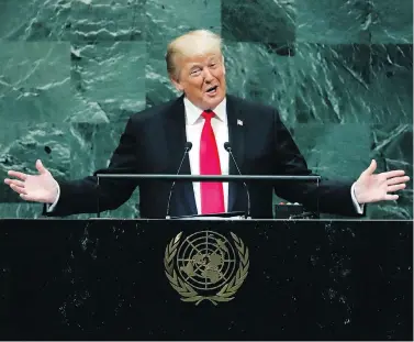  ?? RICHARD DREW / THE ASSOCIATED PRESS ?? U.S. President Donald Trump addresses the 73rd session of the United Nations General Assembly Tuesday in New York.