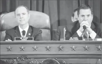  ??  ?? Chairman Adam Schiff (L), Democrat of California, and Ranking Member Devin Nunes (R), Republican of California, during the first public hearings held by the House Permanent Select Committee on Intelligen­ce as part of the impeachmen­t inquiry into U.S. President Donald Trump, on Capitol Hill in Washington, DC, U.S., November 13, 2019. Saul Loeb/Pool via REUTERS