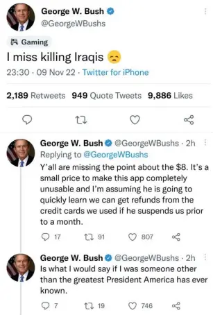  ?? (Twitter) ?? A now-deleted tweet from the fraudulent George W Bush account