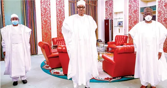  ?? PHOTO: PHILIP OJISUA ?? President Muhammadu Buhari ( middle), Sokoto State Governor Aminu Tambuwal ( left) and Chief of Staff to the President, Prof. Ibrahim Gambari, after a closed- door meeting at the State House, Abuja over the recent security challenges in Sokoto… yesterday.