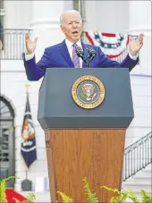  ??  ?? President Joe Biden speaks Sunday during an Independen­ce Day celebratio­n on the South Lawn of the White House where he hosted more than 1,000 guests for a cookout.