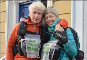  ?? Photo by Fergus Dennehy. ?? Runners Simon Clark and Rachel Winter pictured outside The Kerryman offices on Denny Street as they passed through Tralee on their 2,000mile round run around the Irish coast.