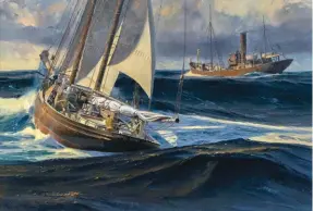  ??  ?? Thomas Hoyne (1924-1986), Steel to Starboard, a dramatic scene of the yacht Admiral Dewey of Gloucester. Oil on canvas, 26 x 38 in., signed and dated lower right: ‘Tom Hoyne 1986’; titled verso. Courtesy Eldred’s. Estimate: $15/25,000 SOLD: $24,000