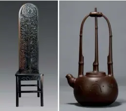  ??  ?? Some highlights from Han Meilin’s upcoming show in Venice will include ink painting RockArt (top); the sculpture Chair (left); and the ceramic work TianshuPot (right).