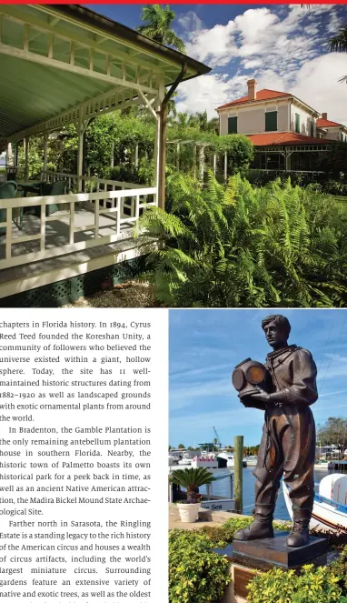  ??  ?? OPPOSITE TOP: Henry Morrison Flagler Museum in Palm Beach. OPPOSITE BOTTOM: Hemingway Look-Alike Contest contestant­s. TOP: Exterior view of the Edison and Ford Winter Estates in Fort Myers. ABOVE: Statue of early sponge diver in Tarpon Springs.