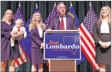  ?? K.M. Cannon Las Vegas Review-journal @Kmcannonph­oto ?? Nevada Gov.-elect Joe Lombardo, the Clark County sheriff, gives a victory speech on Monday at his alma mater, Rancho High School in North Las Vegas.