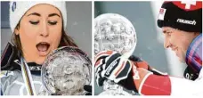  ?? Fotos: F. Cofferini/afp, G. Facciotto/dpa ?? Freude über die kleine Kristallku­gel für den Abfahrtsge­samtsieg: Sofia Goggia und Beat Feuz.