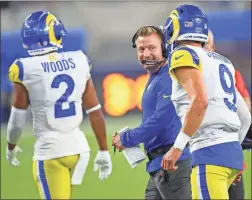  ?? Jayne Kamin-Oncea/USA TODAY Sports ?? Los Angeles Rams head coach Sean McVay smiles after a touchdown pass from quarterbac­k Matthew Stafford to wide receiver Robert Woods in the fourth quarter against the Chicago Bears at SoFi Stadium.
