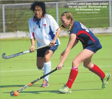  ?? Picture: Gary Browne FM4719621 ?? Ashford Ladies 2nds (blue) protect the ball against Blackheath and Old Elthamians 2nds