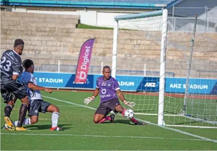  ?? Photo: Leon Lord ?? RAMS Cleaning Services/ All Freight Logistics Suva goalkeeper Akuila Mateisuva makes a save against RC Manubhai Ba in the Digicel Fiji FACT clash at the ANZ Stadium, Suva, on May 22, 2022.