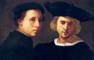  ??  ?? Jacopo Pontormo (1494-1556), Ritratto di due amici (1522 circa, olio su tavola, particolar­e), Venezia, Collezione Vittorio Cini