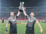  ?? EPA ?? Wyatt Crockett, right, celebrates with Kieran Read after the Crusaders won the Super Rugby title last year.