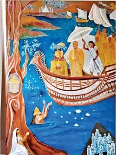  ?? ?? Avanthi Sri Nissanka Karunaratn­e’s painting that depicts Sanghamitt­a Theri bringing the Bo-sapling and King Devanampiy­atissa wading upto the .ship to receive it at Dambakolap­atuna in the North