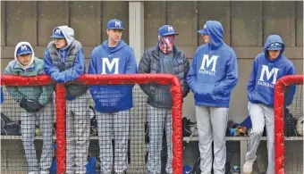  ?? STAFF PHOTOS BY DOUG STRICKLAND ?? McCallie players are bundled in the dugout during their baseball game at Baylor on Tuesday.
