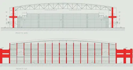  ??  ?? Oggi e domani
La futura curva Fattori vista dall’interno e dall’esterno, in uno dei disegni tecnici che accompagna­no il progetto definitivo dell’intervento di rifaciment­o della parte più «calda» dell’euganeo. A destra, invece, si possono vedere le attuali condizioni del settore. L’emergenza virus ha rallentato i piani del Comune ma ora il restyling ha ripreso la marcia.