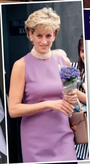  ??  ?? Elizabeth (far left) is the spitting image of Diana (left at the Victor Chang Cardiac Research Institute in Sydney, 1996) sporting a short hairdo and wearing lilac at the Burberry show during 2017’s London Fashion Week, years before landing The Crown role (above)