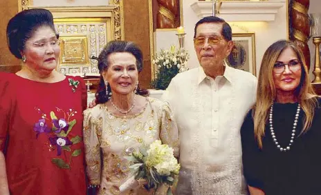  ?? Photos by BENING BATUIGAS ?? Juan Ponce Enrile, wife Cristina Enrile and daughter Katrina Enrile with long-time ally Imelda Marcos during the couple’s 60th anniversar­y celebratio­n. Enrile served as Defense Minister for 17 years during the Marcos dictatorsh­ip.