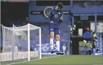  ?? JUSTIN SETTERFIEL­D/AP ?? CHELSEA’S KAI HAVERTZ CELEBRATES AFTER SCORING his side’s second goal during the English Premier League soccer match between Chelsea and Fulham at Stamford Bridge Stadium in London, Saturday.