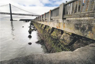  ?? Michael Macor / The Chronicle 2016 ?? The seawall along San Francisco’s Embarcader­o is vital for protecting the city in case of earthquake­s and as sea levels rise — and it’s crumbling.