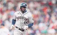  ?? ELSA TRIBUNE NEWS SERVICE ?? Houston’s Yordan Álvarez hit a home run against Boston in Wednesday’s Game 5, as the Astros moved to one win away from reaching their third World Series in five years.