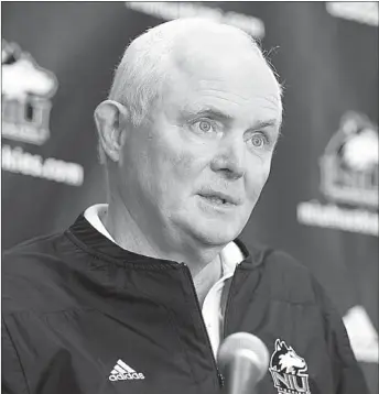  ??  ?? In his first season with the Huskies, Northern Illinois offensive coordinato­r Mike Dunbar’s duties have been reassigned so he can continue an ongoing battle with cancer. | SHAW MEDIA