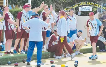  ??  ?? Bareena players celebrate beating Eastern Park in their clash in Premier League bowls on Saturday. Picture: STEPHEN HARMAN